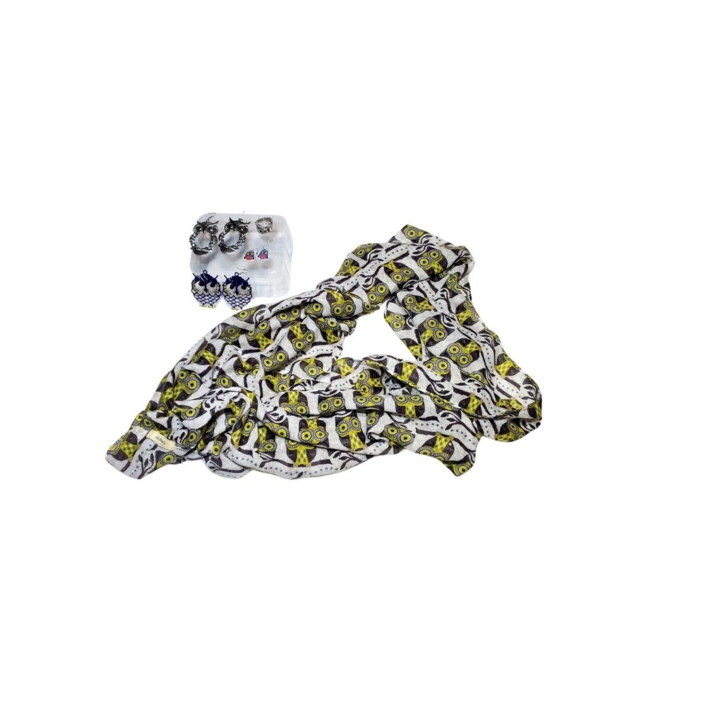 Whimsigoth Owl Theme Accessory Lot: Owl Scarf, Earrings, Watch & Stretch Ring